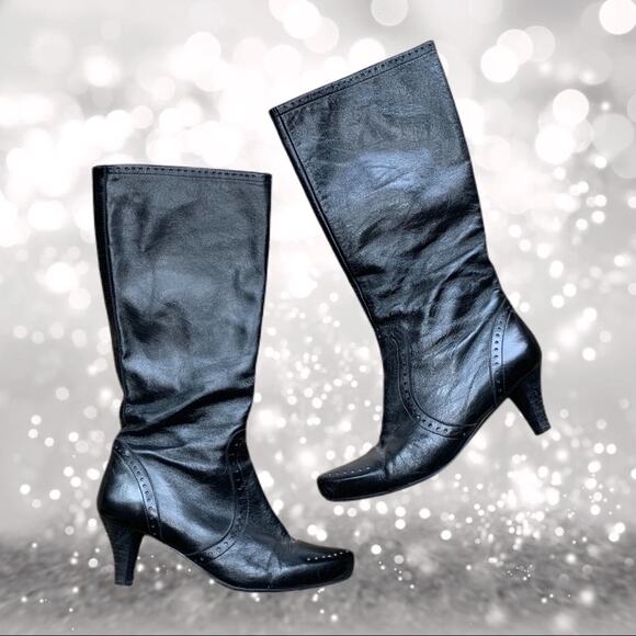 FRANCESCO MORICHETTI Black Leather Spectator Tall Boots Low Heel Size 40 / 9.5 - Picture 1 of 10